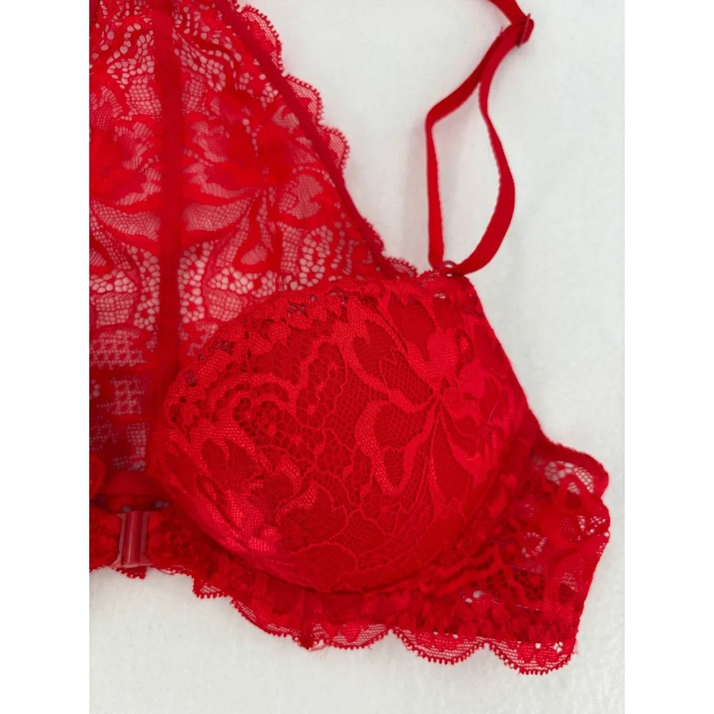 Victoria's Secret PINK Lace Push-Up Bra Womens 32A Red Racerback‎ Front Close